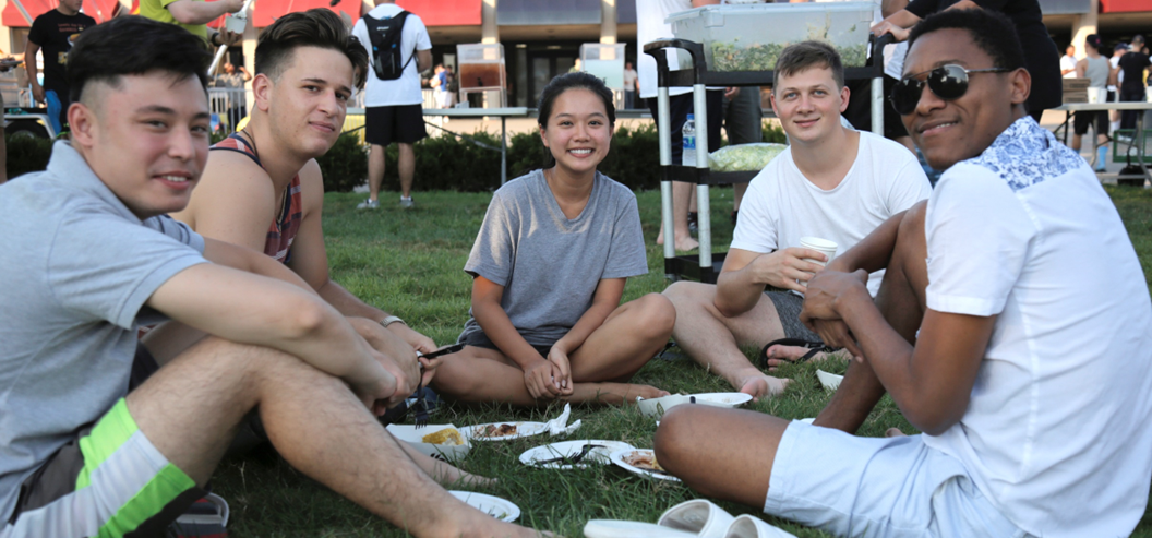Students gathering on lawn
