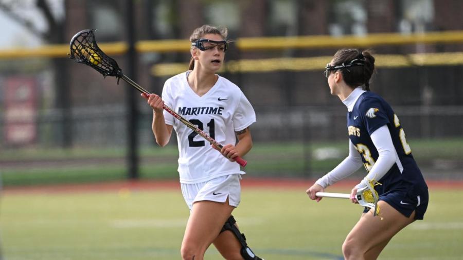 #21 on Maritime Women's Lacrosse team takes on an opponent.